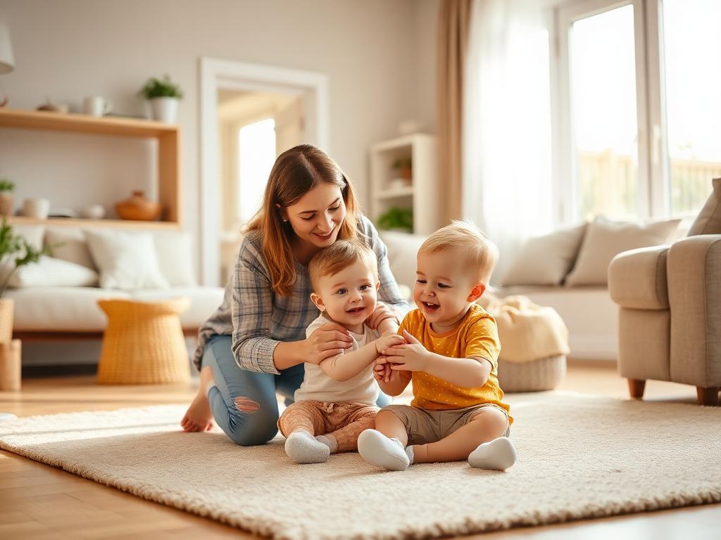 Caregiver playing with young children in a family living room