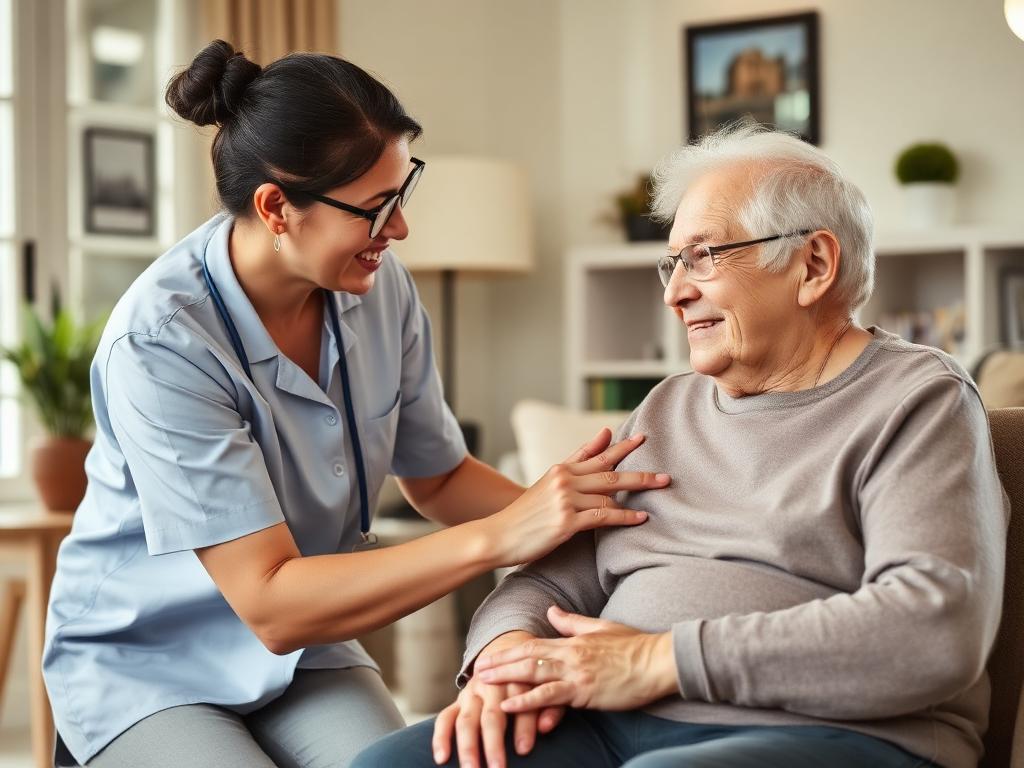 Caregiver assisting a smiling elderly person at home